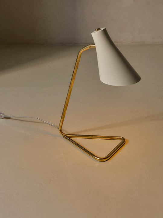 Brass table lamp with white enameled lampshade