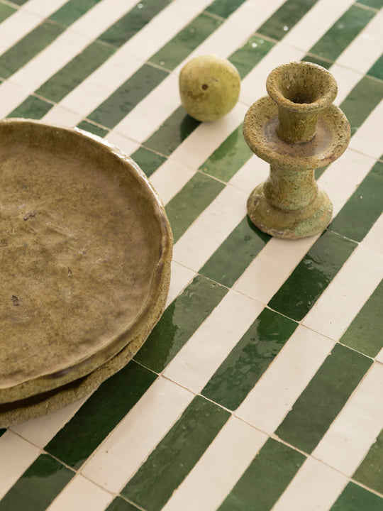 Zellige Minimal Dining Table with Green and White Stripes