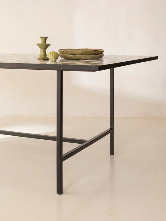 Zellige Minimal Dining Table with Green and White Stripes