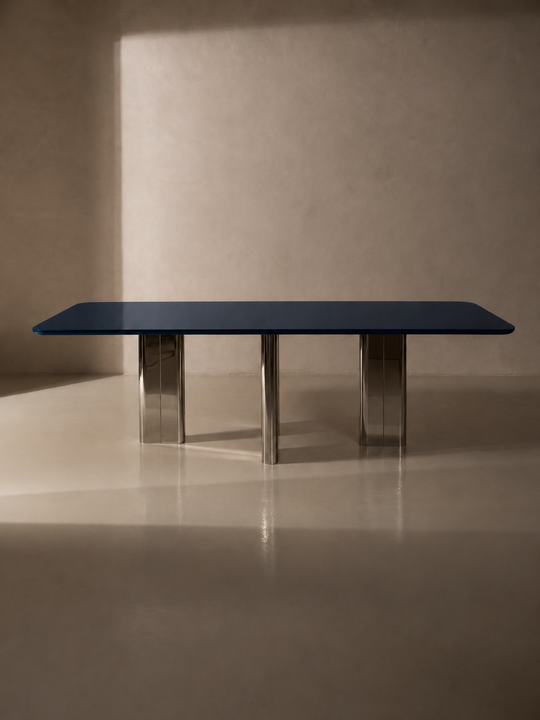 Blue lacquered table with chrome leg
