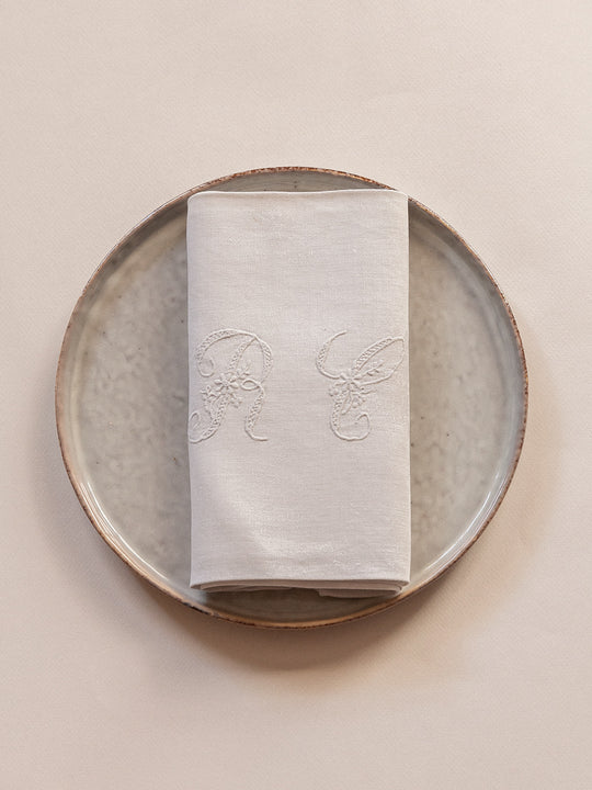 Set of 8 white damask "RC" napkins