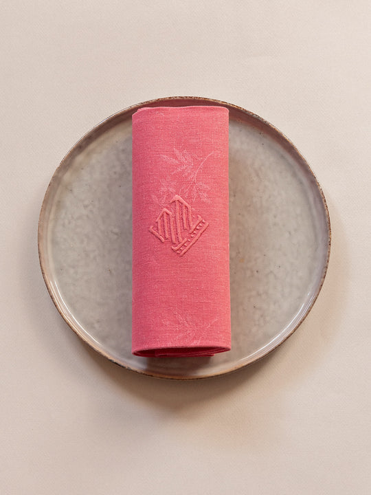 Set of 6 raspberry damask napkins "MM"