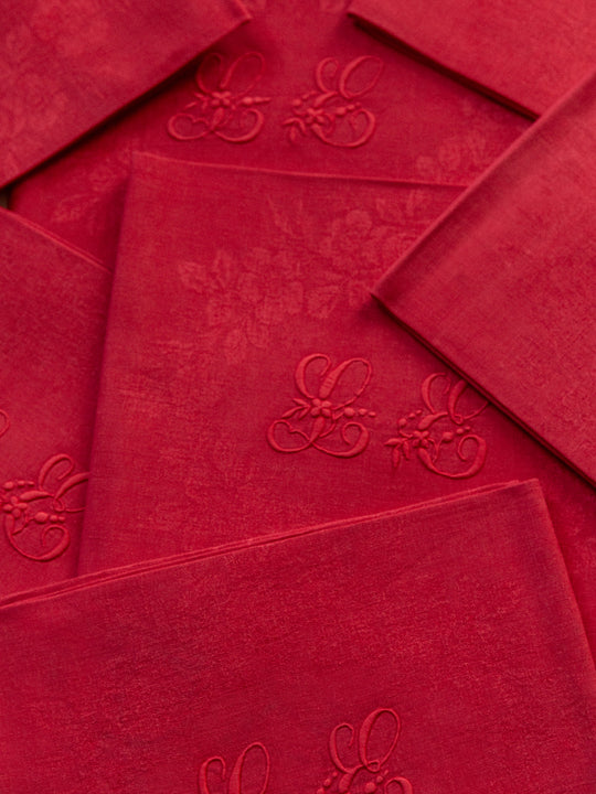 Set de 8 serviettes damassées rouges "LE"