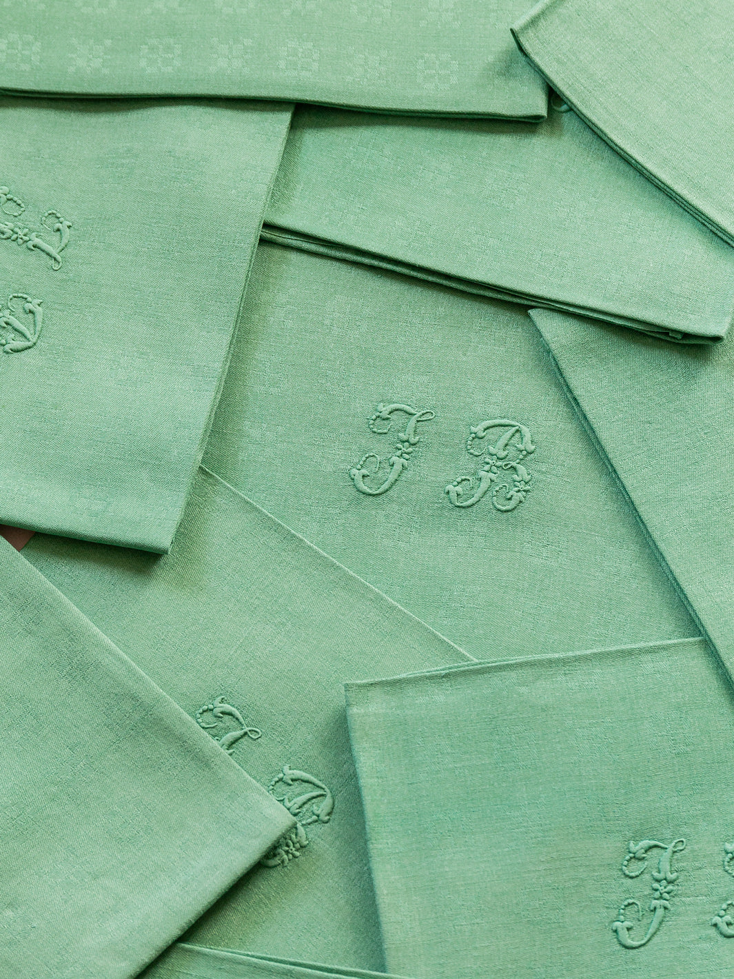 Lot de 10 serviettes damassé vert feuille "JR"