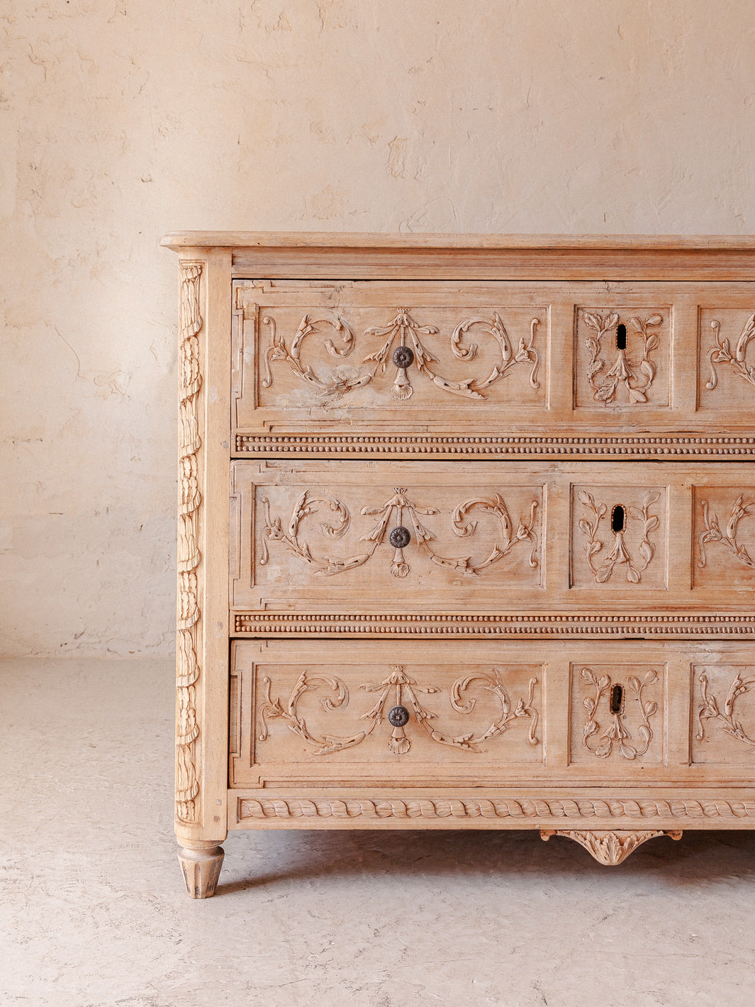 Washed walnut carved chest of drawers Belgium 19th century