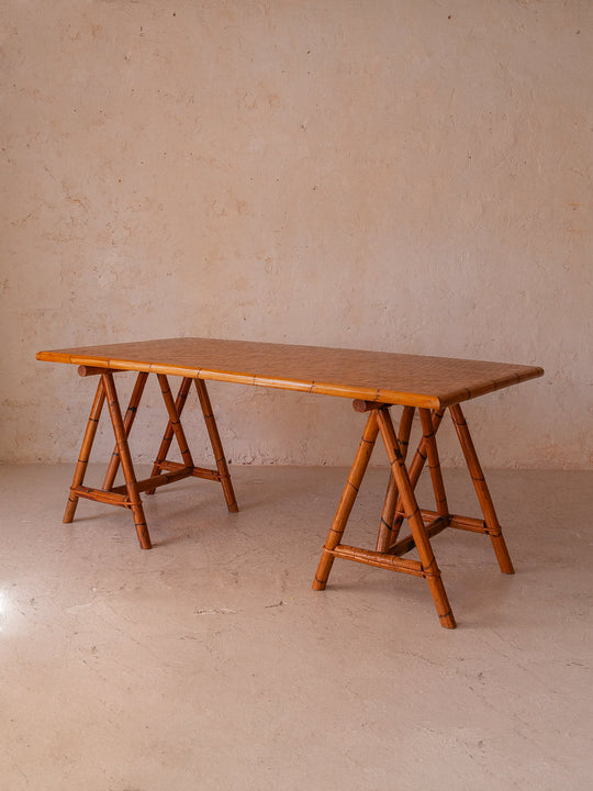 Table à manger italienne en travertin brut et bois sculpté 220x110cm