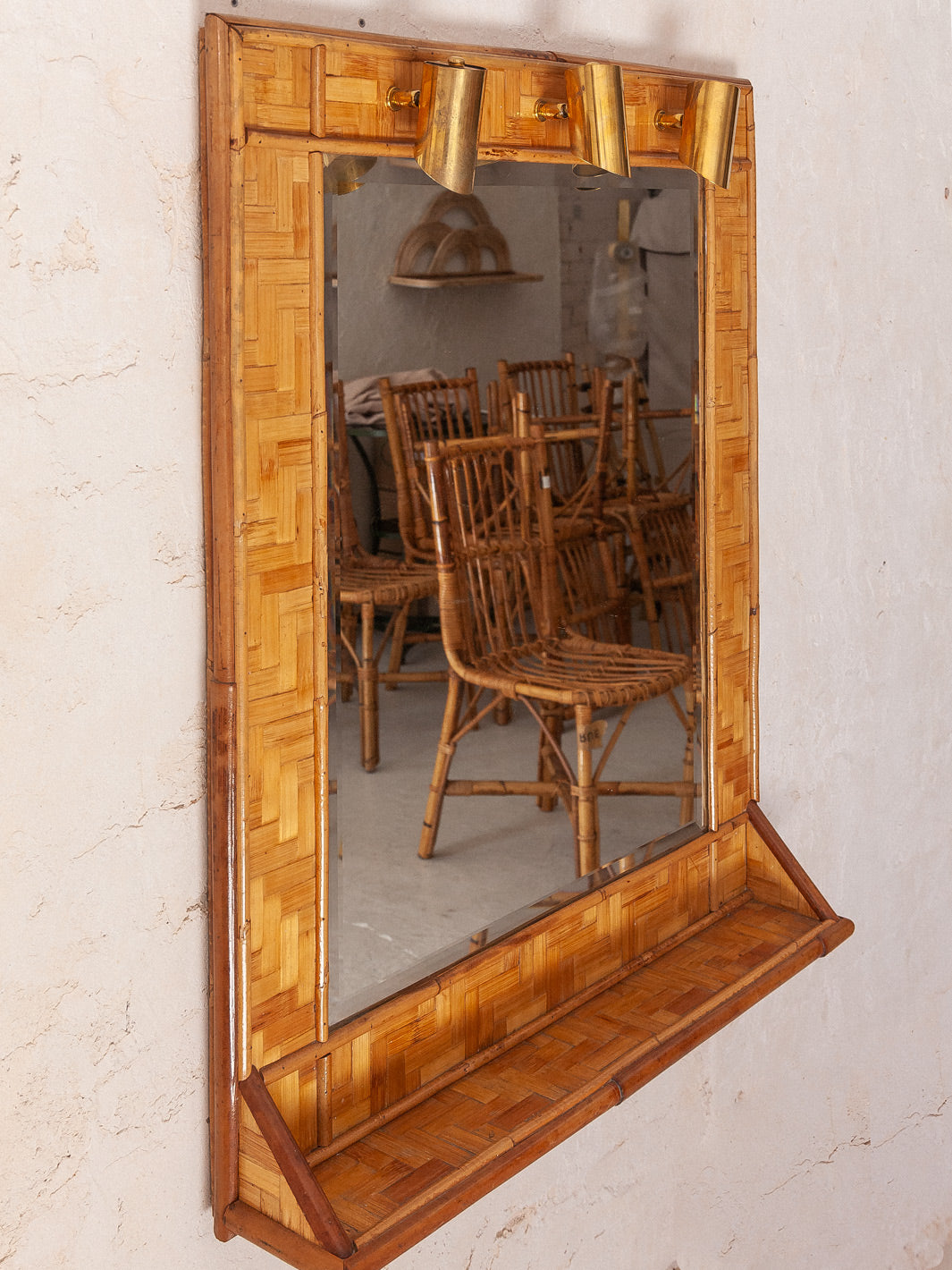 Bamboo mirror with brass spotlights from the 60s