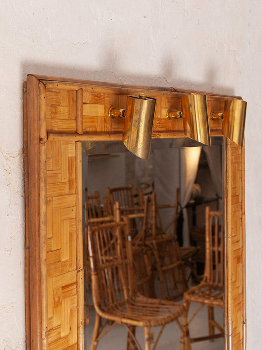 Bamboo mirror with brass spotlights from the 60s