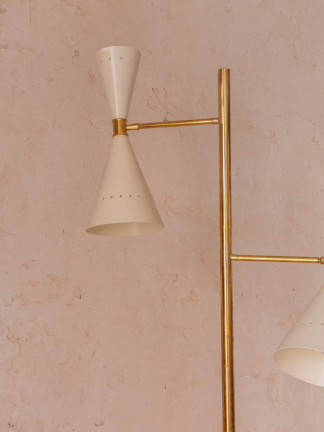 Brass floor lamp with white enamelled lampshades