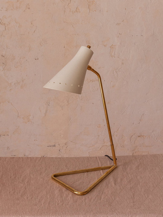 Brass table lamp with white enameled lampshade
