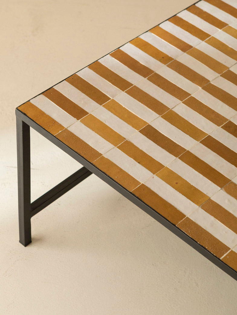 Zellige coffee table yellow and white stripes 120x80x42cm