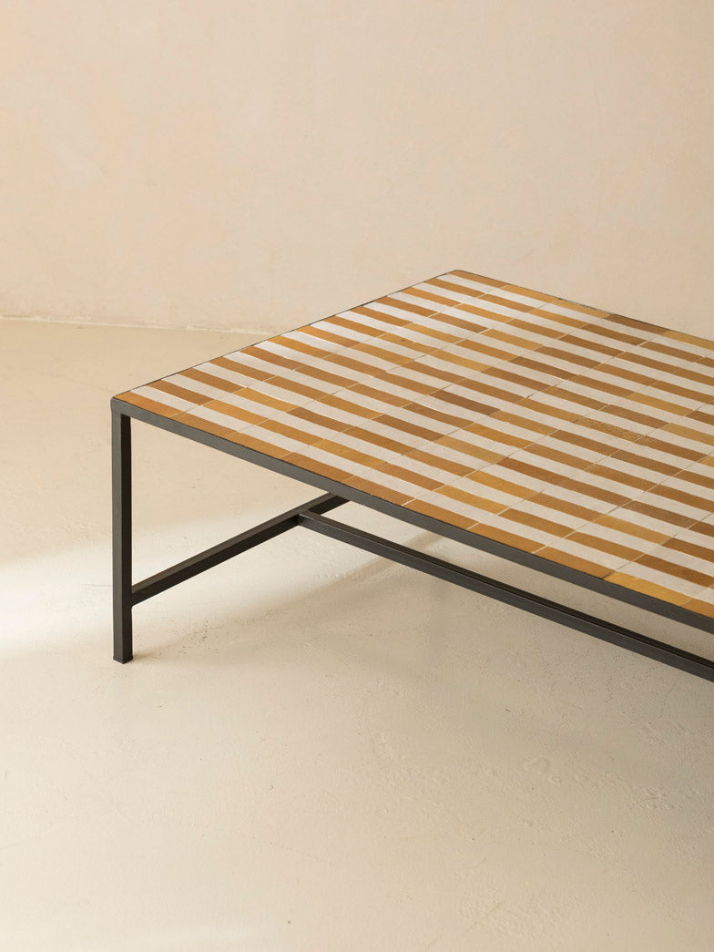 Zellige coffee table yellow and white stripes 120x80x42cm