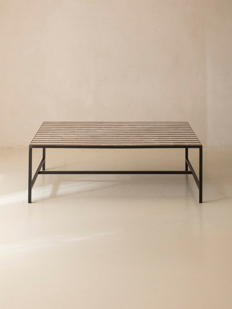 Table base zellige rayures ocher and white 120x80x40cm