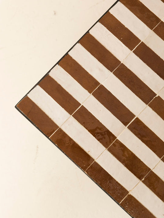 Zellige coffee table ocher and white stripes 120x80x40cm