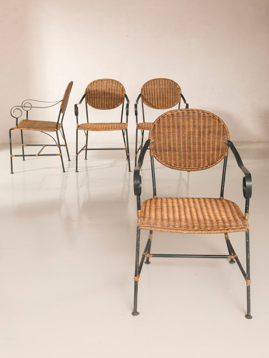 Set of 4 rattan and iron chairs from the 1950s