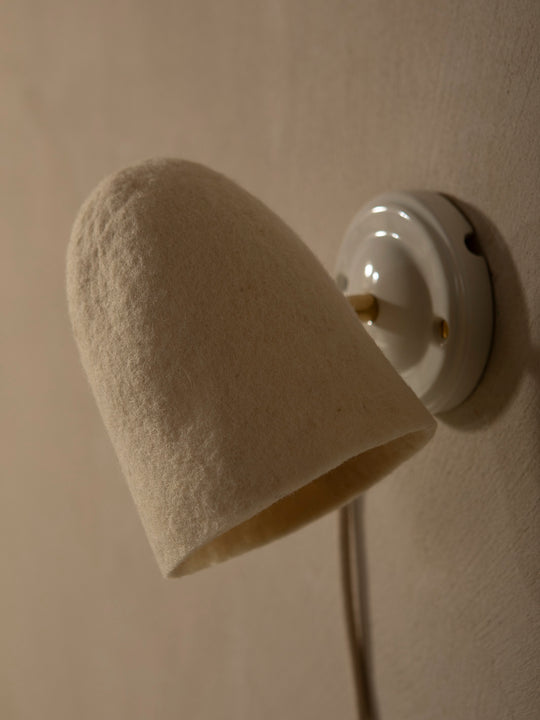 Felt lampshade wall sconce with stoneware basin