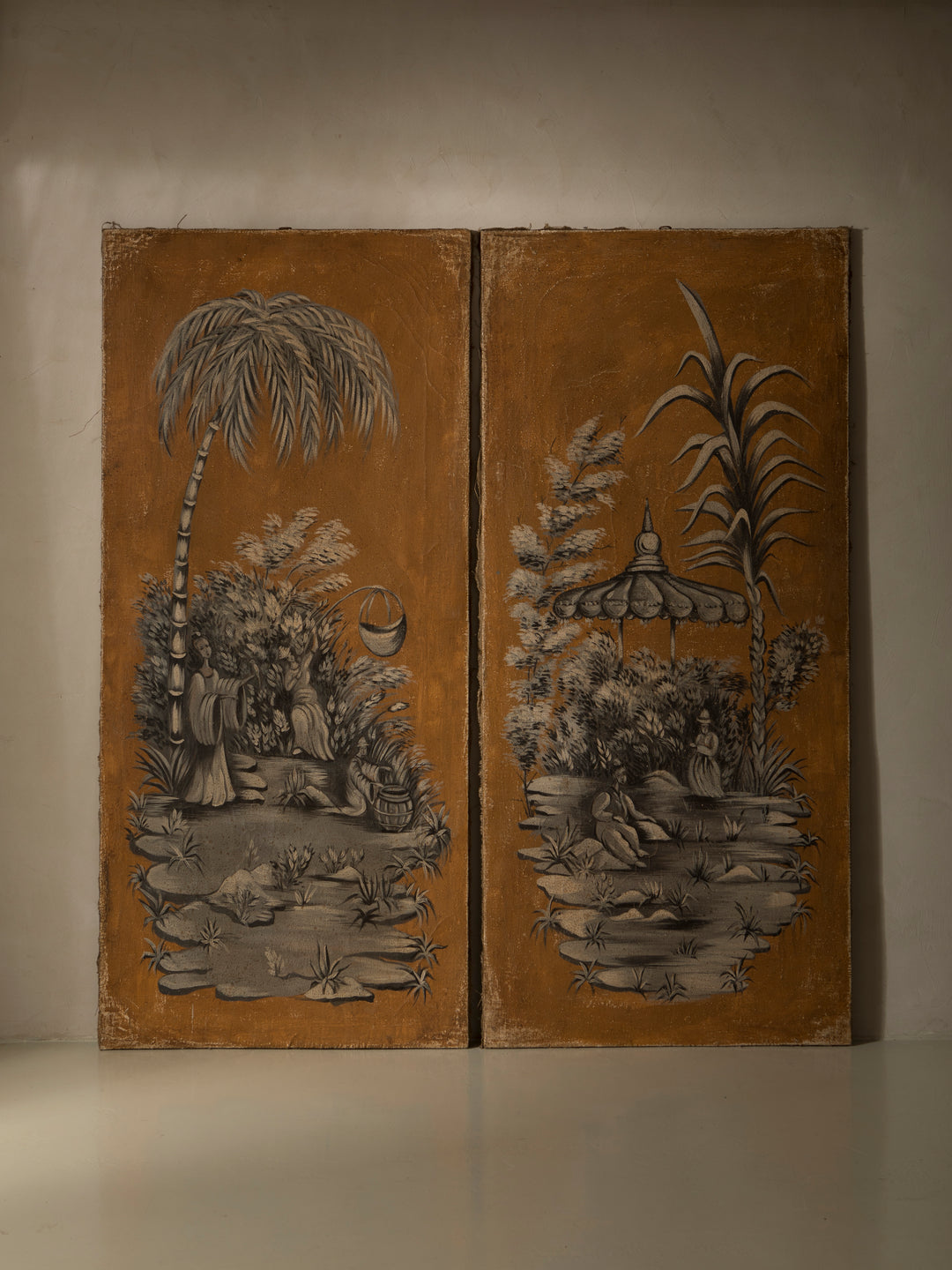 Chinoiserie mural on antique linen