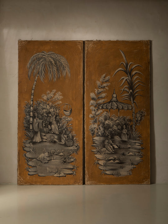 Chinoiserie mural on antique linen