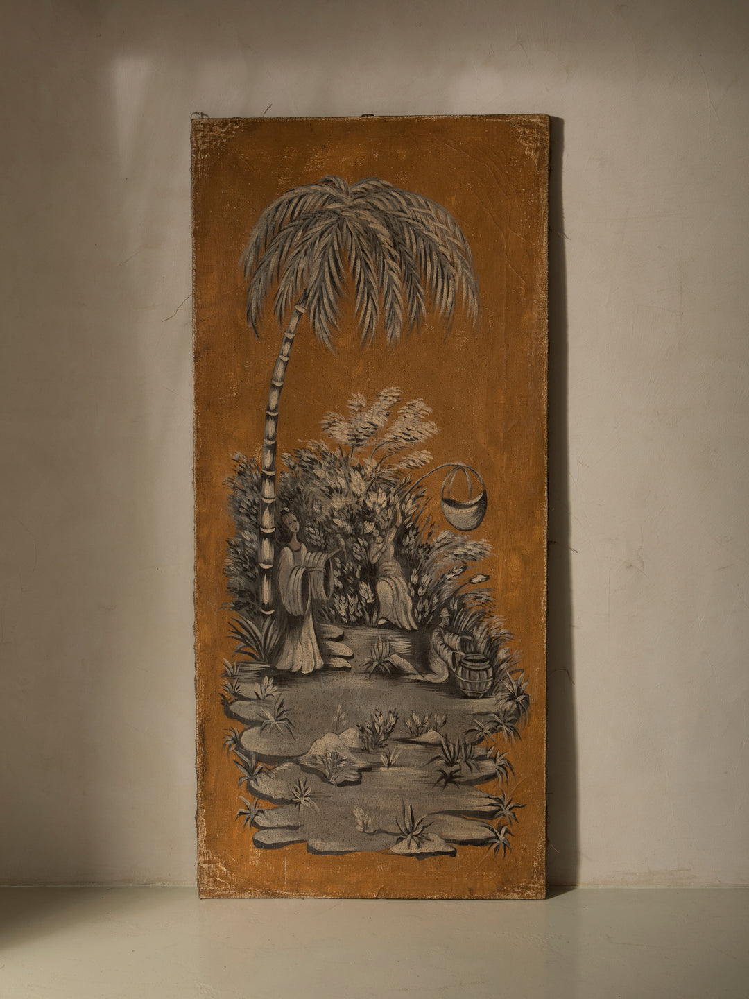 Chinoiserie mural on antique linen
