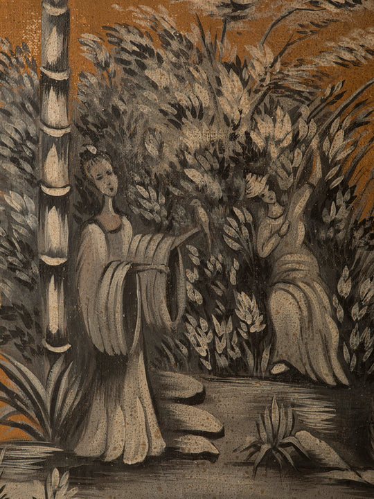 Chinoiserie mural on antique linen