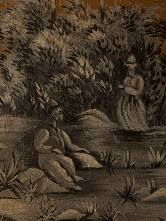 Chinoiserie mural on antique linen