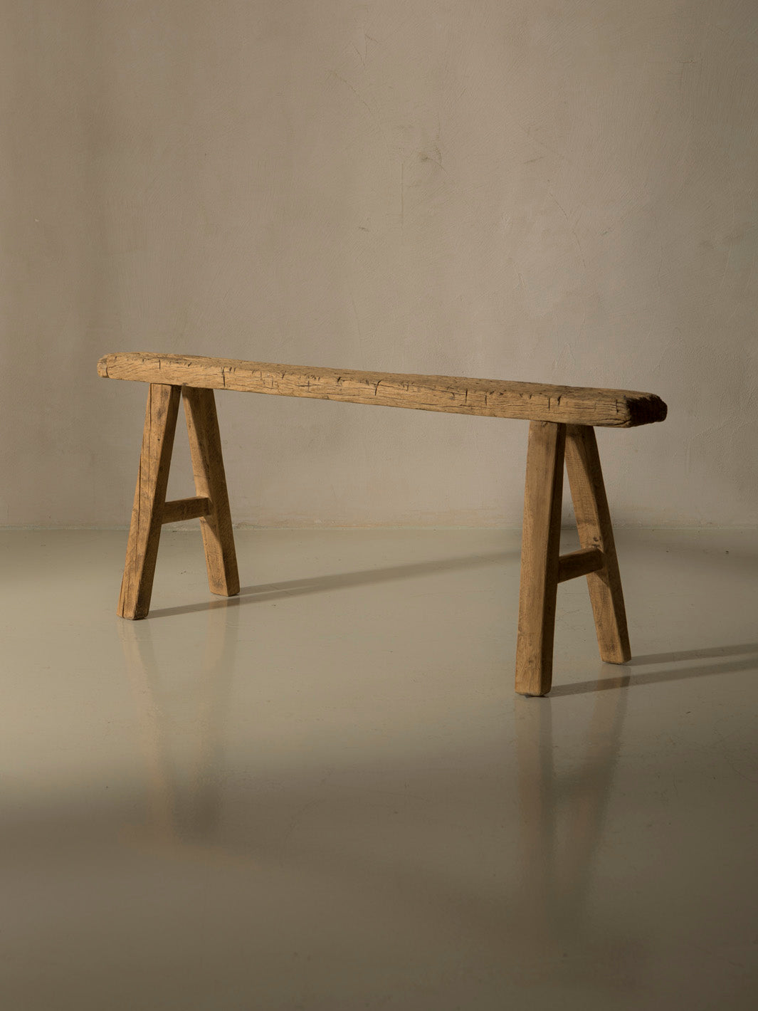 Chinese bench, washed elm, 1940s, I