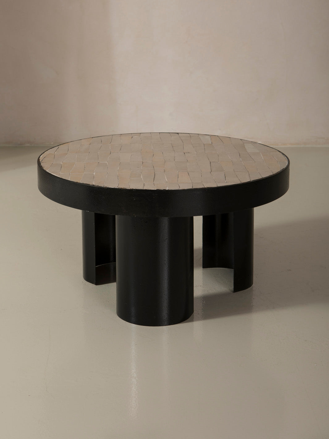 Zellige and iron beige round coffee table