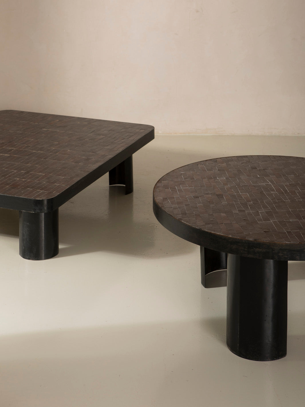 Zellige and iron brown curved low table