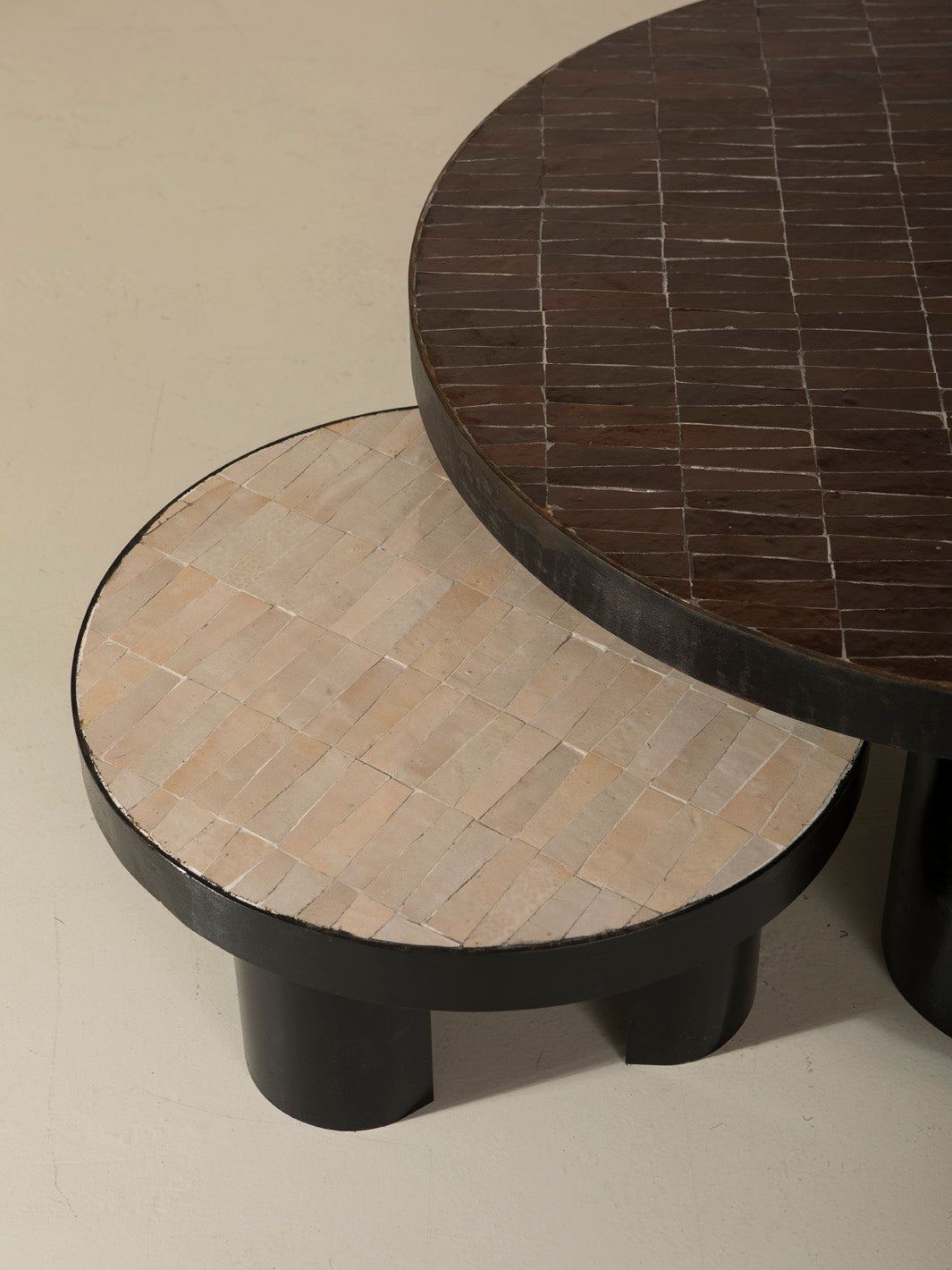 Zellige and iron beige round coffee table
