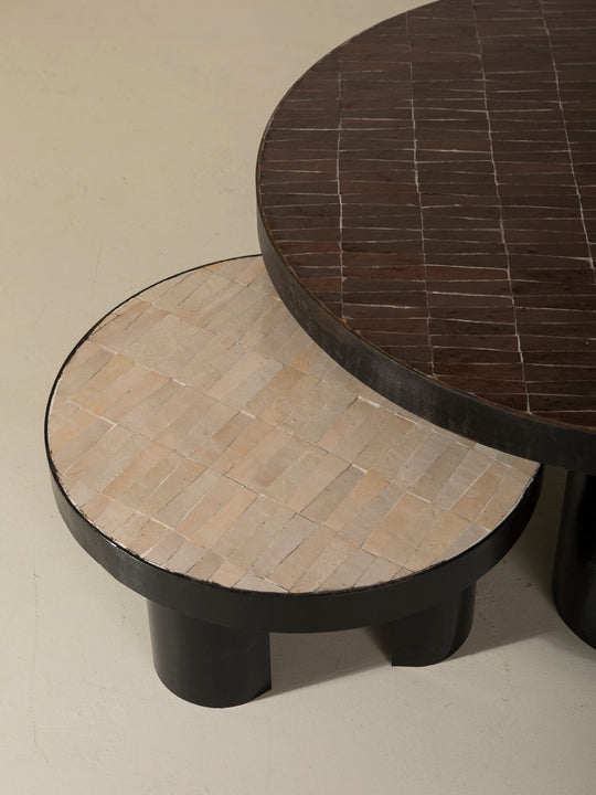 Zellige and iron beige round coffee table