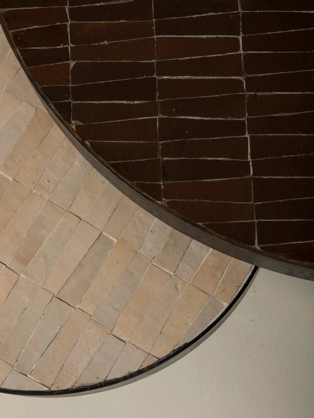 Zellige and iron beige round coffee table