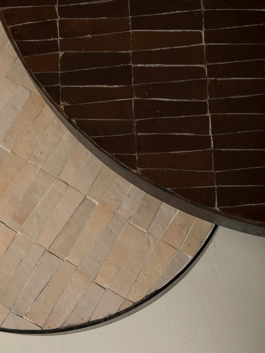Zellige and iron beige round coffee table