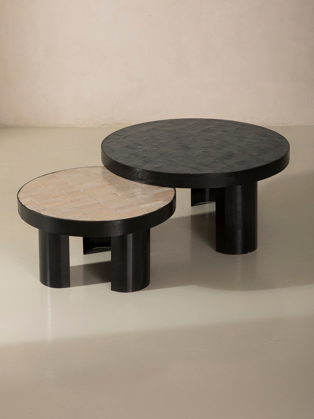 Zellige and iron beige round coffee table