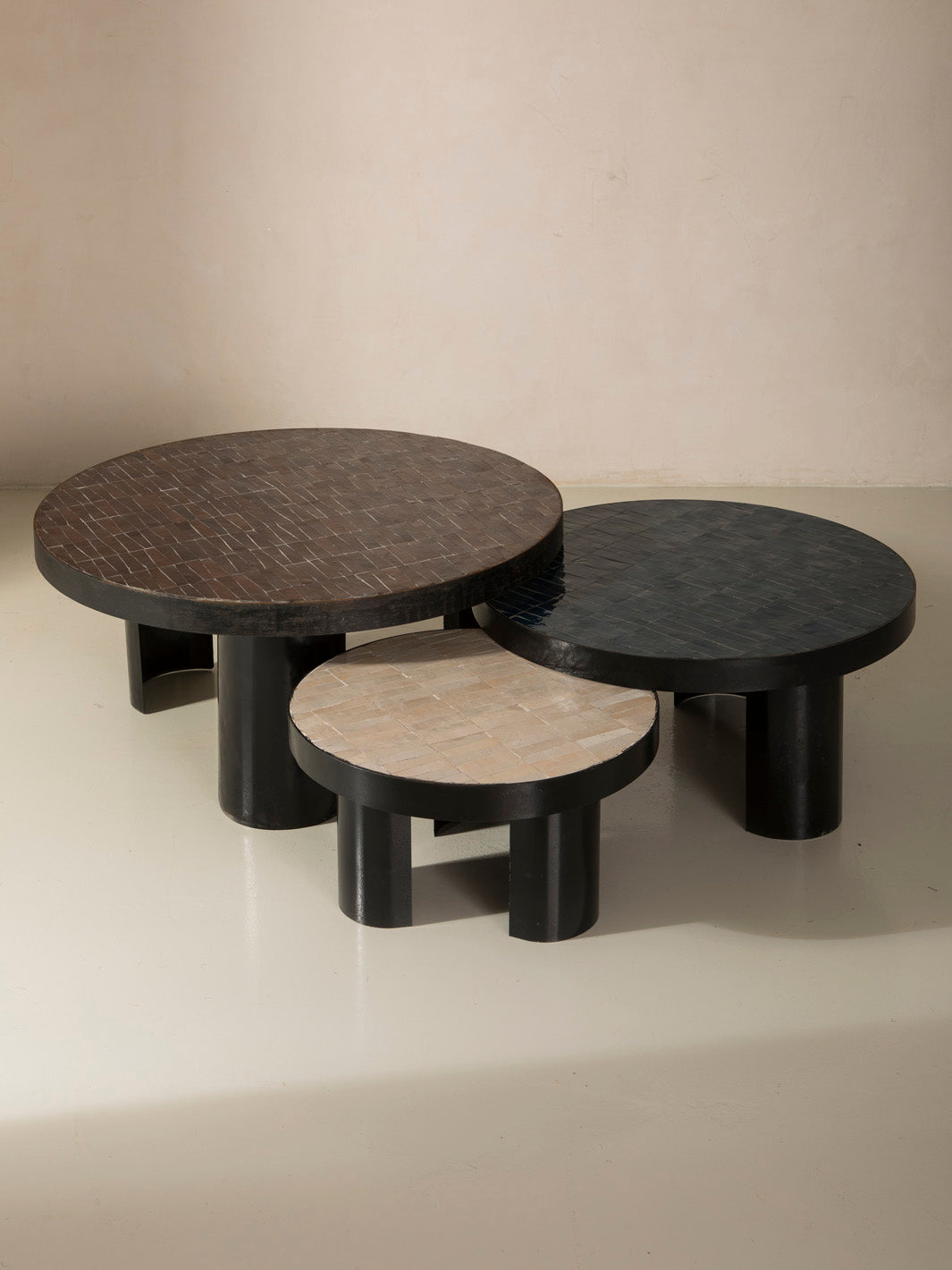 Zellige round coffee table and blue iron