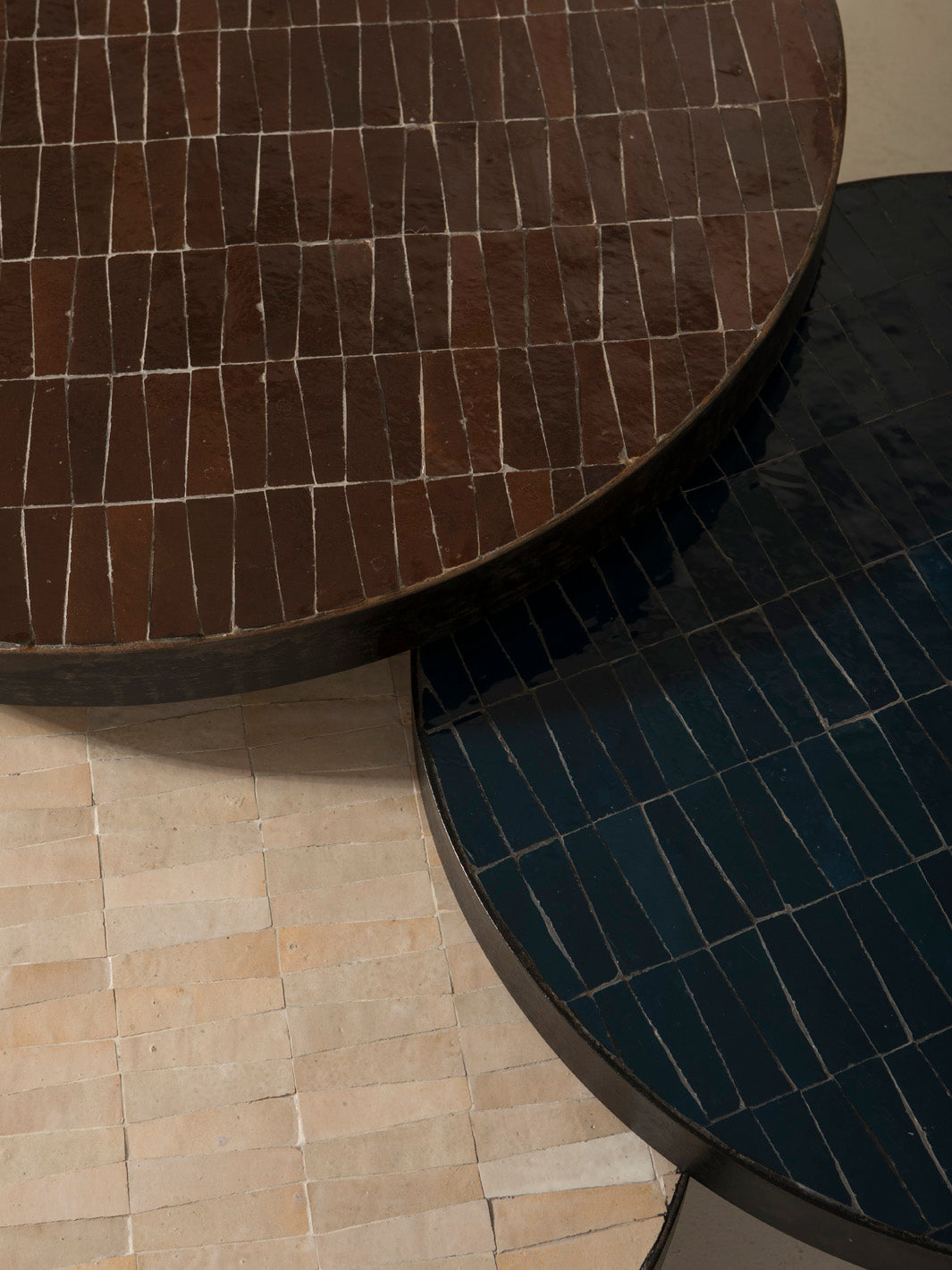 Zellige and iron beige round coffee table