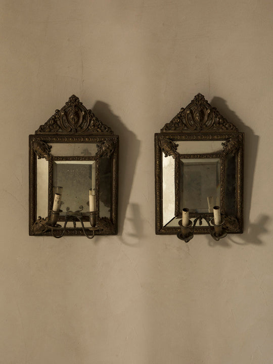Pair of mirror & bronze Roma wall lights from the 40s