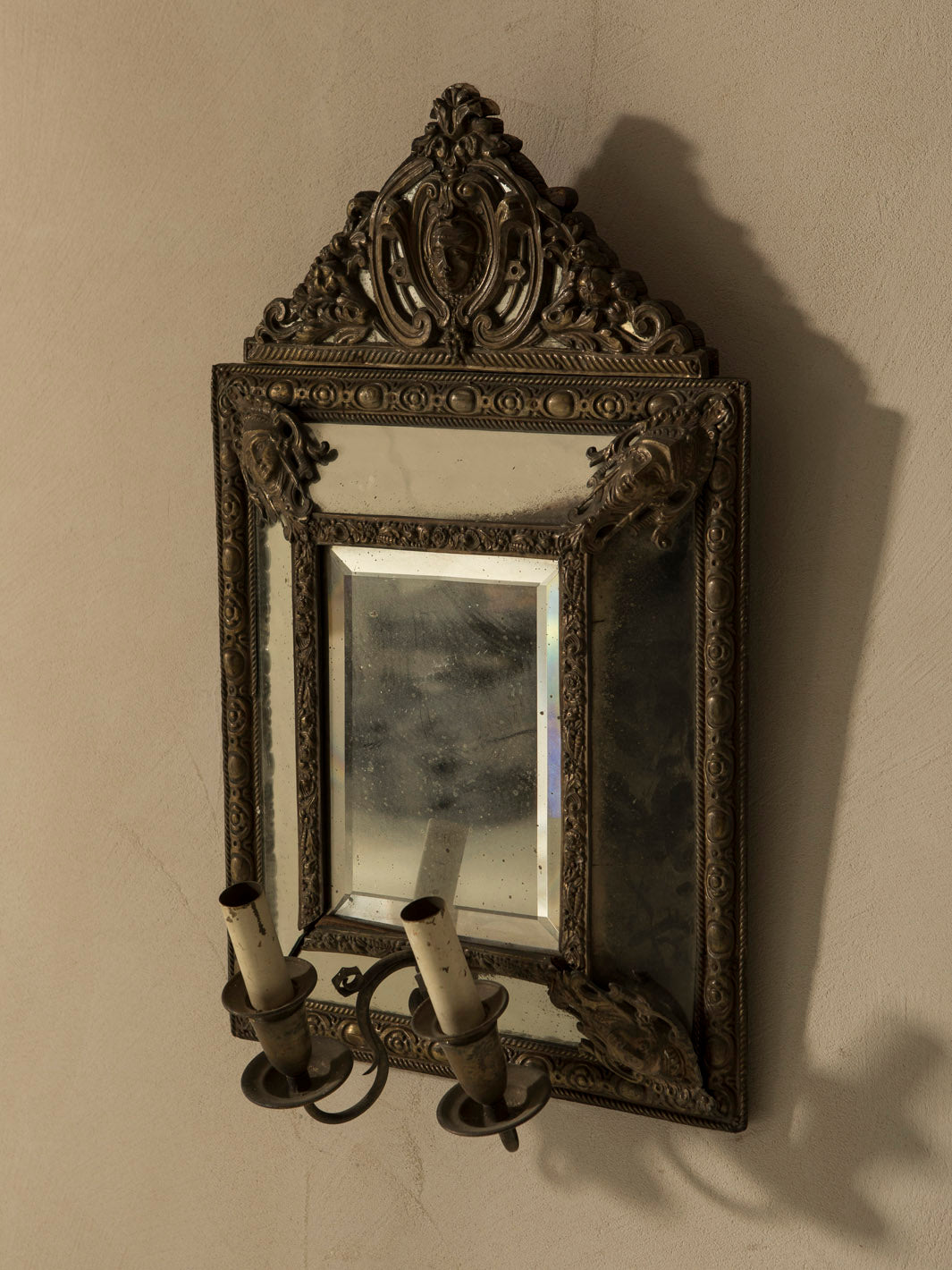 Pair of mirror & bronze Roma wall lights from the 40s