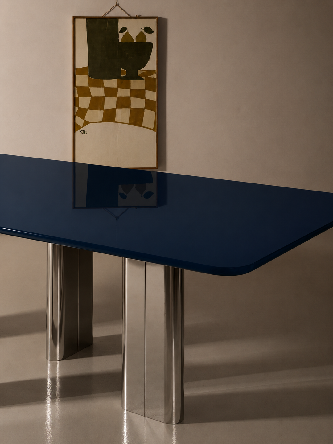 Blue lacquered table with chrome leg