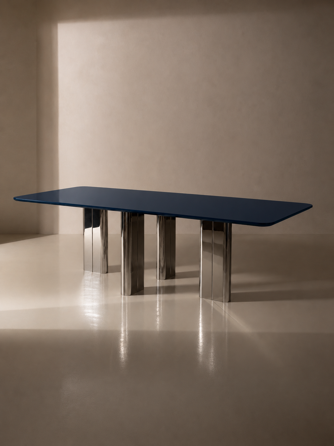 Blue lacquered table with chrome leg