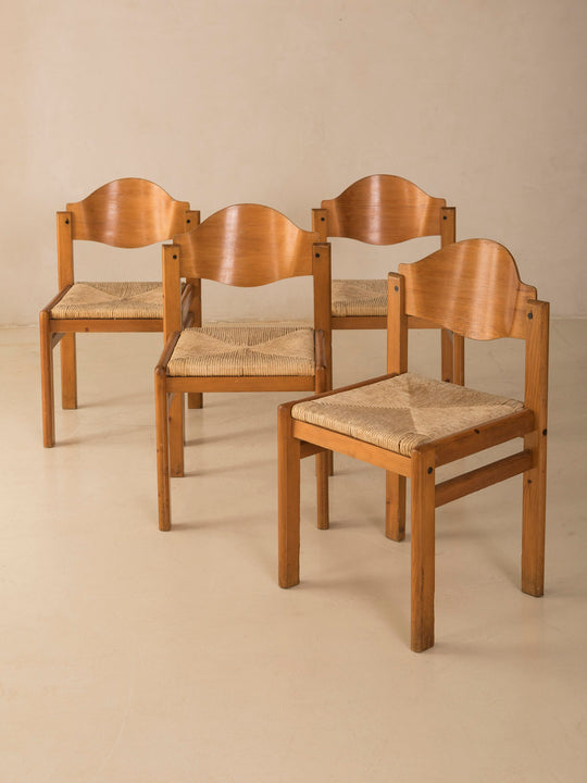 Set of 4 ash and raffia chairs Italy from the 50s