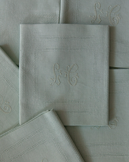 Set of 6 Navy Aqua Damask Napkins "LC"