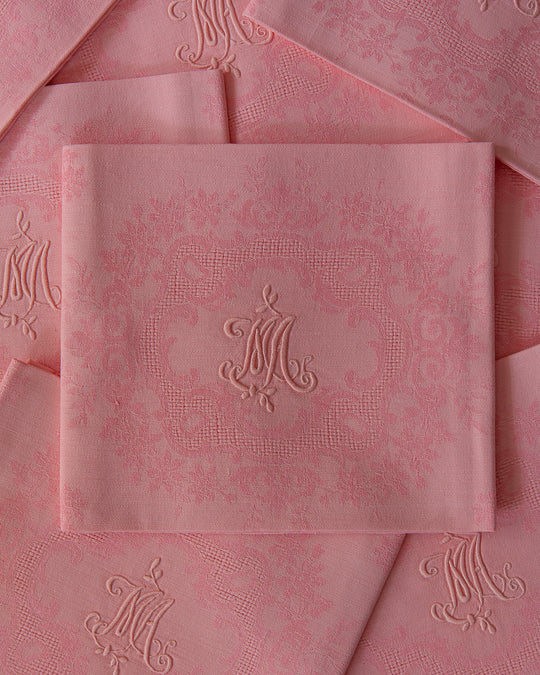 Set of 9 "MA" Pink Damask Napkins