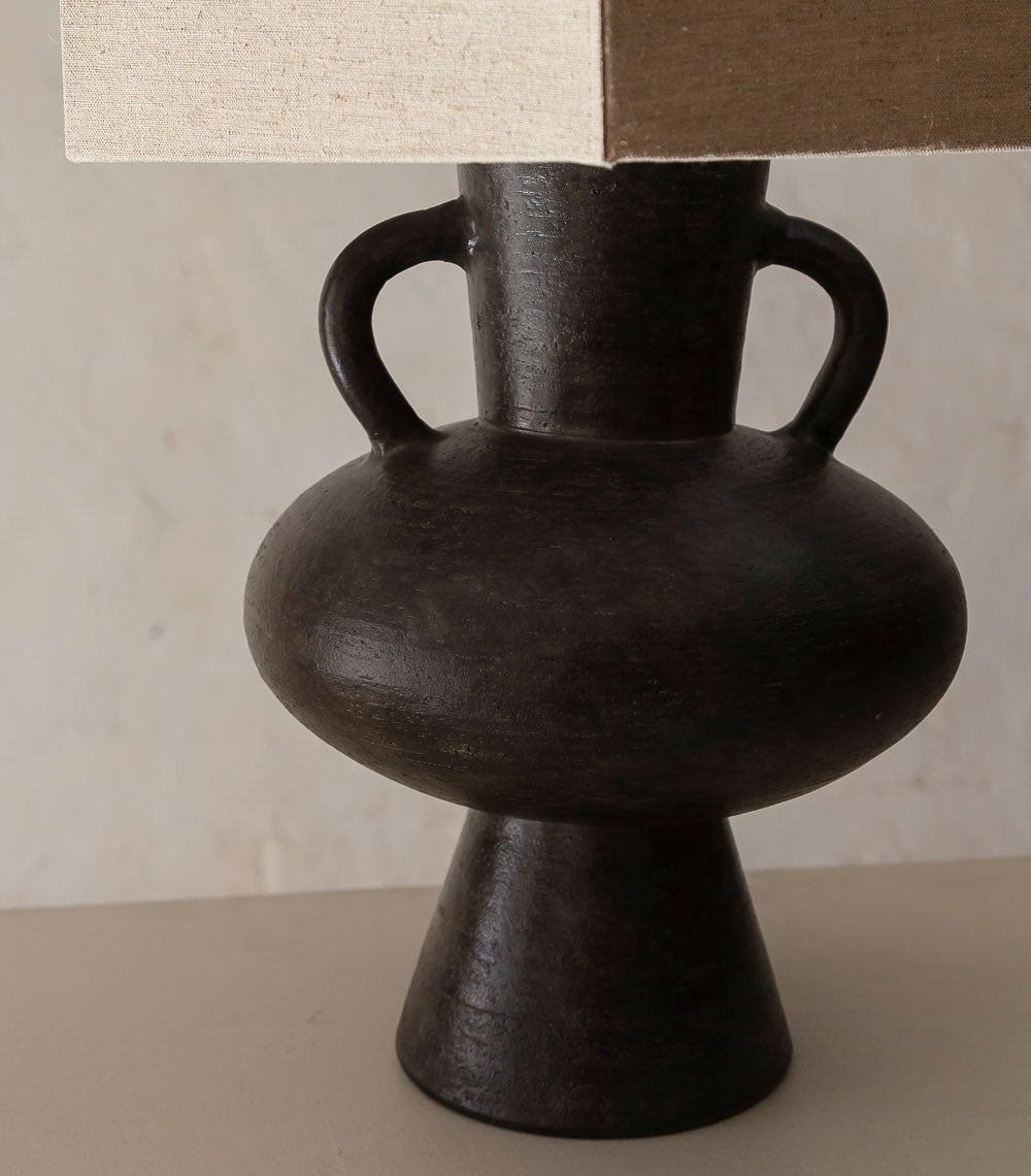 Charcoal Stoneware Lamp with Large Hexagonal Linen Shade