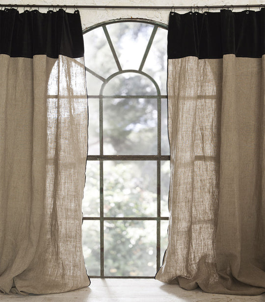 Natural linen and velvet strip curtain