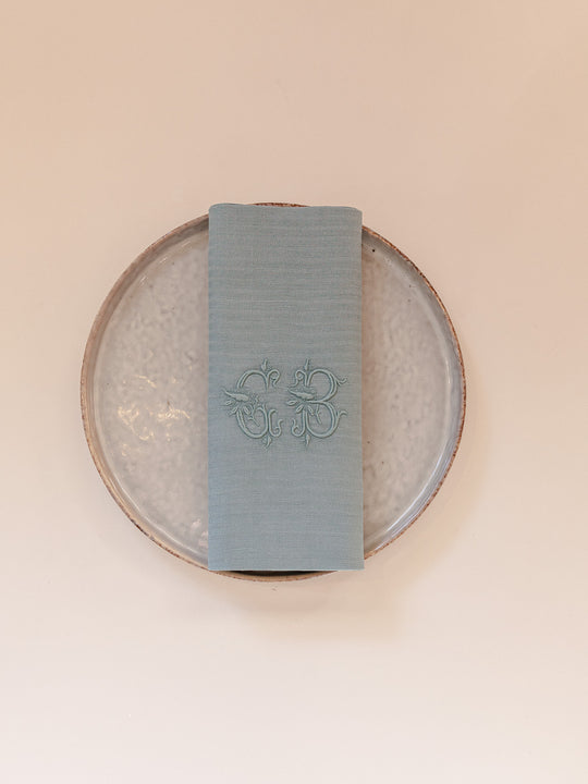 Set of 16 blue-gray "GB" damask napkins