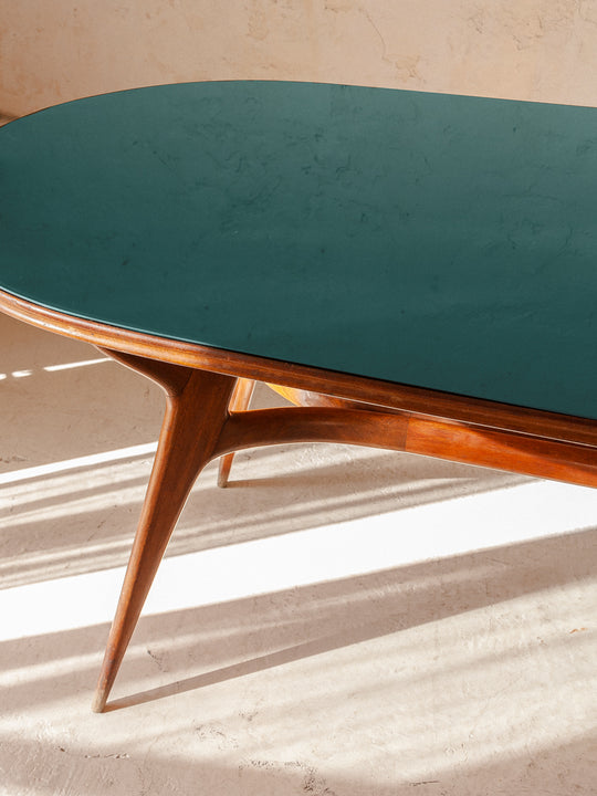 Mesa italiana nogal y cristal verde celadón años 50 172cmx87cm