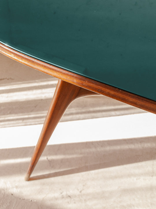 Italian walnut and celadon green glass table from the 50s 172cmx87cm