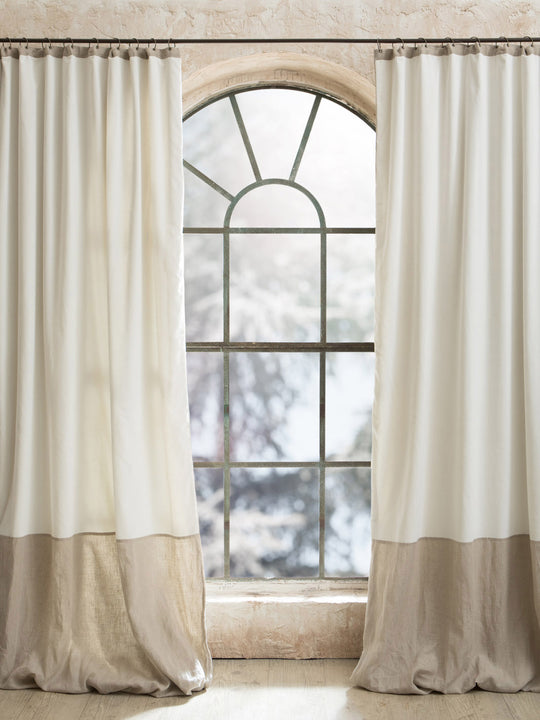 Duo curtain in white velvet and ecru linen 140x280cm